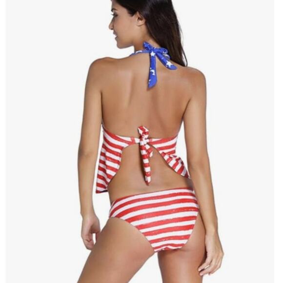 Two Piece Women’s Patriotic Halter Tankini Striped Bikini Bottom Set SZ L Multi - Picture 3 of 9